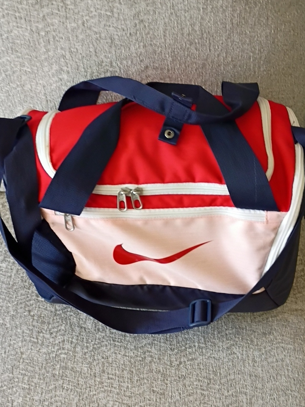 Nike Red and Light Pink Duffel Bag with Navy Straps